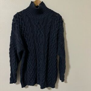 Vintage Tivoli Aran Pure New Wool Cable Knit Turtleneck Fisherman Sweater Blue-L
